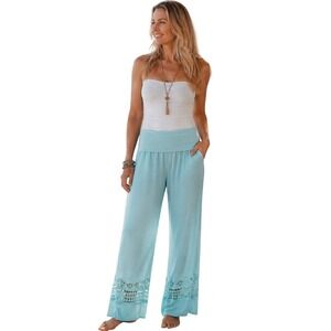 Hailey And Co Blue Wide Leg  Linen Blend Pants Crochet Lace Boho‎ Coastal L